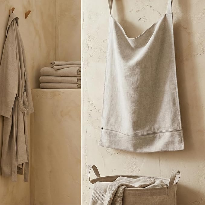 100% Linen Hanging Laundry Hamper Bag 22x36 Inch, Over the Door with 2 Buttons and Bottom Zipper Saving Space Wall Back organizers For Dirty Clothes Dorm Travel College Camp Sock big Capacity