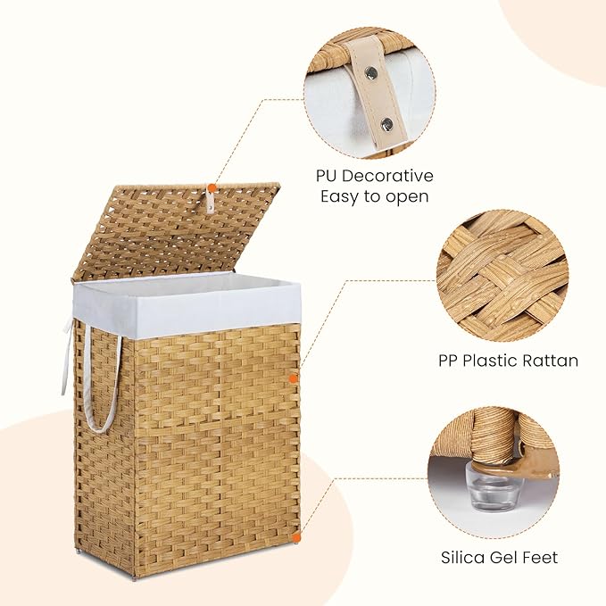 DUMOS Woven Laundry Basket with Lid, Large Capacity Hamper, Removable & Machine-Washable Liner, Foldable Rattan Clothes Hamper, Sturdy Steel Frame, Odor Control, Goose Yellow (24 Gallon)