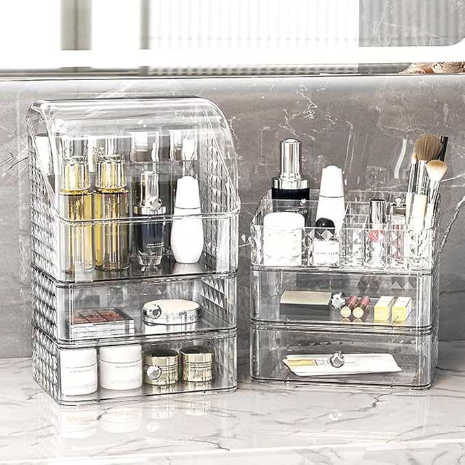 Large Clear Cosmetic Makeup Organizer with Lid, Desktop Cosmetics Box Tabletop Cosmetics Holder, Dresser Top Organizer Case for Cosmetics, Lotion, Beauty Product