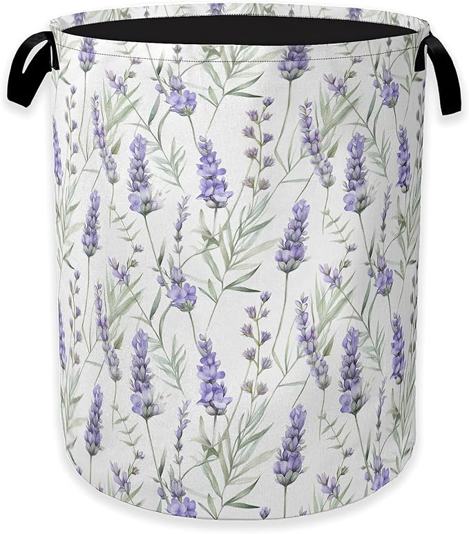 Collapsible Laundry Basket,Purple Lavender Flower Dirty Clothes Hamper,Rustic Spring Floral Hampers for Bedroom Waterproof Oxford Cloth Storage Organizer for Bathroom,Nursery,Dorm,16x20 Inch
