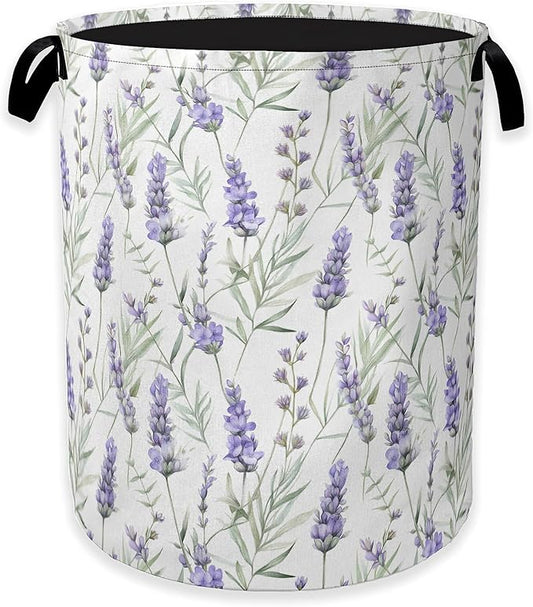 Collapsible Laundry Basket,Purple Lavender Flower Dirty Clothes Hamper,Rustic Spring Floral Hampers for Bedroom Waterproof Oxford Cloth Storage Organizer for Bathroom,Nursery,Dorm,16x20 Inch
