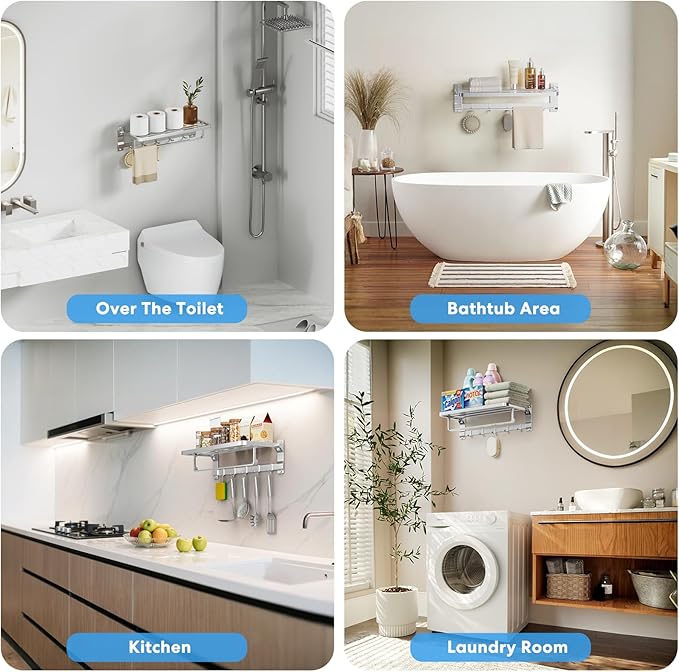 Foldable Towel Rack Wall Mounted, 23 Inch Rustproof Aluminum Bathroom Towel Shelf with Towel Bar & 5 Hooks, Space Saving Towel Storage Organizer for Bathroom Kitchen Laundry Room, Silver
