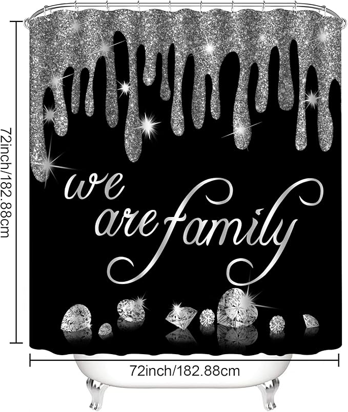 4Pcs Family Glitter Diamond Shower Curtain Sets, Black Famliy Shower Curtain with Toilet Lid Cover and Rugs, Luxury Bling Shiny Shower Curtains for Home Bathroom Set Decor with 12 Hooks, 72 x 72 inch