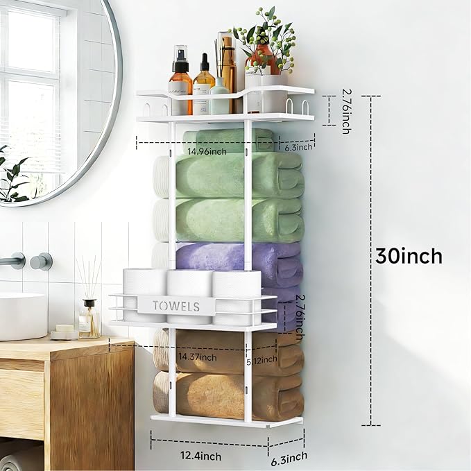 Towel Racks for Bathroom, 30inch Wall Mounted Towel Rack, Towel Storage for Small Bathroom Can Holds 6 Large Towels, Floating Shelf with Adjustable Tissue Basket.(White)