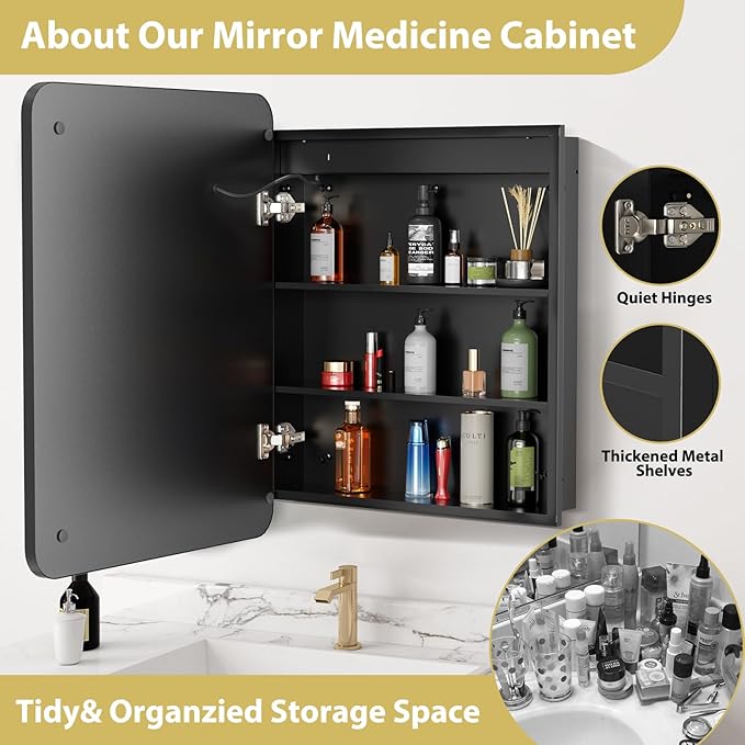 ROOMTEC Lighted Medicine Cabinet with Mirror 20"x30", Wall Mounted Bathroom Mirror with Storage, Single Doors Bathroom Wall Cabinet with LED Lights,Black