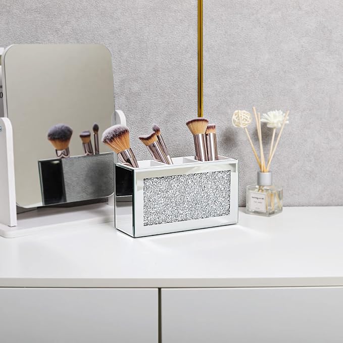 SWTHONY Silver Makeup Brush Holder Organizer, Bling 3 Slot Crushed Diamond Crystal Mirrored Cosmetic Brushes Storage, Eyeliners Eyebrow Pencil Display Case