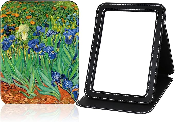 Desk Folding Mirror Portable, Travel Makeup Compact Mirror PU Portable Adjustable Rectangular Ultrathin Vanity Mirror with Stand, for Travel, Camping,Home, Office, Gifts (Van Gogh's Lrises)