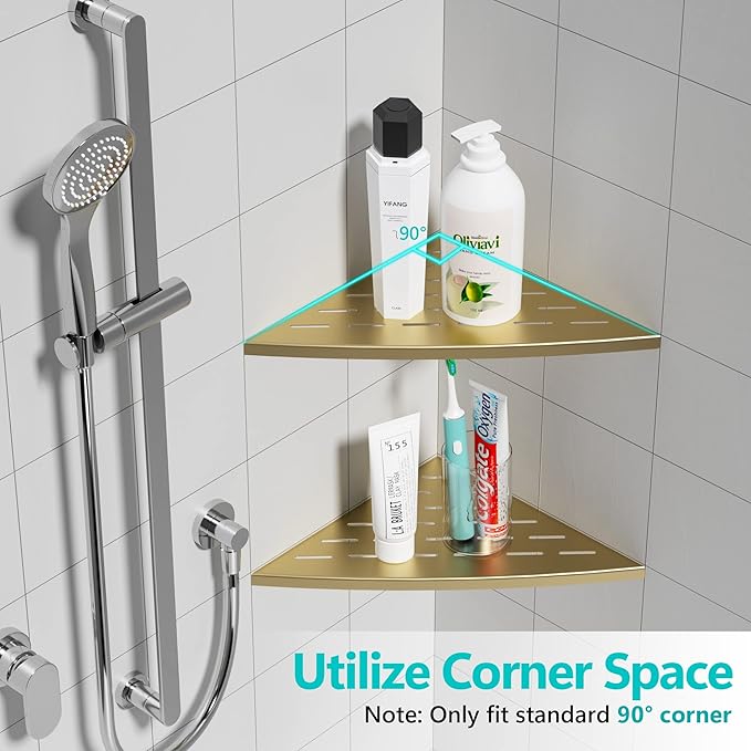 Qeke Corner Shower Shelf Brushed Golden, 304 Stainless Steel 11.5” Recessed Corner Shelf Bathroom for Tiled Wall, Floating Shower Shelves Shampoo Holder, No Drilling, 2 Pack