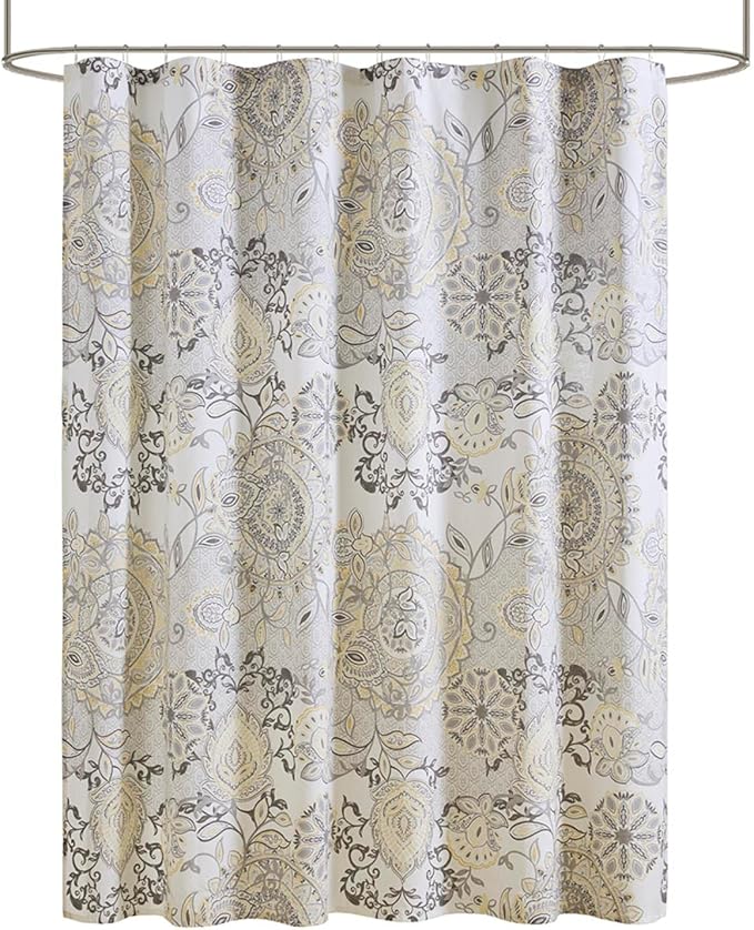 Madison Park Isla 100% Cotton Percale Shower Curtain, Floral Medallion Boho Printed Watercolor Cute Modern Home Bathroom Decor, Bathtub Privacy Screen, 72" x 72", Yellow