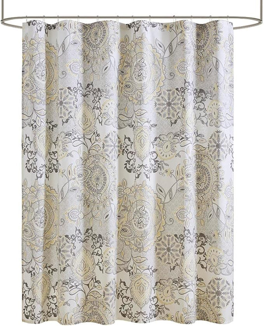 Madison Park Isla 100% Cotton Percale Shower Curtain, Floral Medallion Boho Printed Watercolor Cute Modern Home Bathroom Decor, Bathtub Privacy Screen, 72" x 72", Yellow