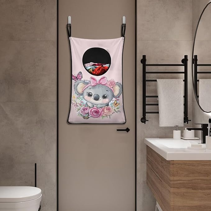 ZOUTAIRONG Pink Rose Koala Print Hanging Laundry Hamper Clothes Basket Over The Door Laundry Hamper Bag Storage Organizers for Kids Bedroom Dorm Closet Hampers