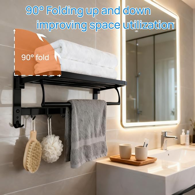 24" Double Towel Rack with 7 Hooks, SUS304 Stainless Steel Towel Bar Towel Rack with Shelf, 90° Foldable Towel Holder, for Bathroom Wall Mounted. (Matte Black)