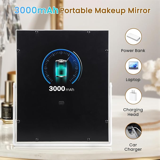 Rechargeable Vanity Mirror with Lights, 16"×10" Hollywood Makeup Mirror with 9 Dimmable Bulbs, 3000mAH Battery, 3-Color Lighting, Dimmable, 10x Magnification, Desk Mirror, Dorm Room Essentials (White)