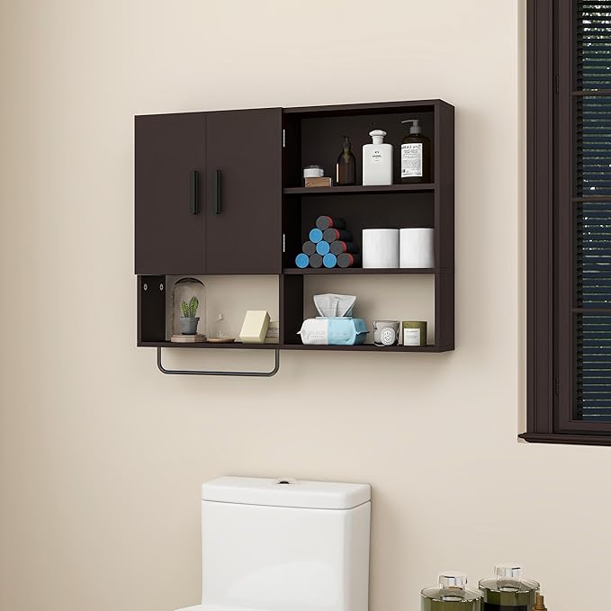 Medicine Cabinet, Wooden Bathroom Wall Cabinet with 2 Doors, Adjustable Shelves & Towel Bar, Over Toilet Storage Cabinet Wall Mounted for Kitchen & Laundry, Espresso