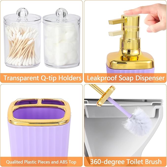 Purple Bathroom Set, 23 PCS Purple Bathroom Accessories Set with Shower Curtains, Trash Can, Toothbrush Holder, Soap Dispensers, Toothbrush Cup, Vanity Tray, Soap Dish, Toilet Brush, Qtip Holders