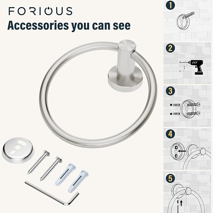 FORIOUS Towel Ring, SUS304 Stainless Steel Modern Hand Towel Holder Rack Hanger Round for Bathroom Wall Mounted, Ideal for Bath, Kitchen, RV (2 Pack, Brushed Nickel)