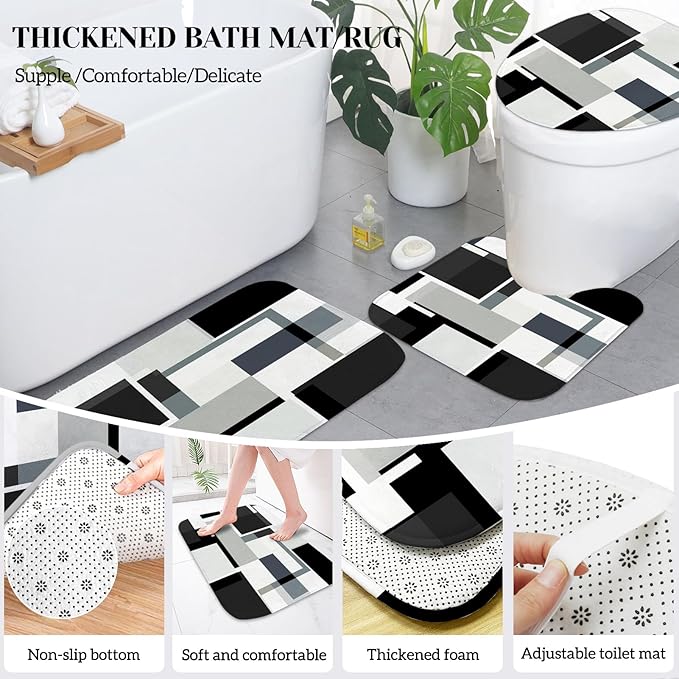 Lnond Black Bathroom Set, 23-Piece Black Geometric Bathroom Decor Set with with Shower Curtain and Rugs, Trash Can, Toilet Brush Holder Set & Soap Dispenser