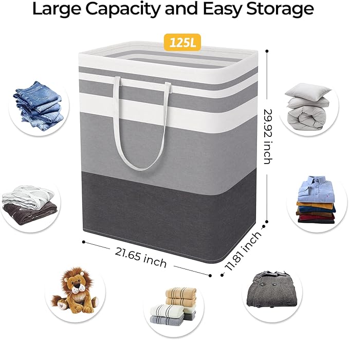 HomeHacks Large Laundry Basket, Waterproof, Freestanding Laundry Hamper, Collapsible Tall Clothes Hamper with Extended Handles for Clothes in The Dorm and Family-(Gradient Grey, 125L)