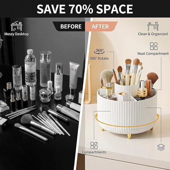 360?? Rotating Makeup Brush Holder with 5 Compartments ?€? Pure White ABS Cosmetic Organizer for Vanity, Bathroom, Desktop | Non-Slip Base, Space-Saving Design | Perfect Bridal Shower Gift