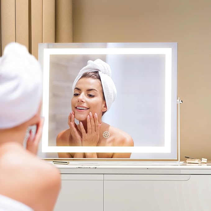 Hasipu 17.7" x13.8” LED Vanity Mirror with Lights - Touch Control Makeup Mirror with 10X Magnification, 3 Color Modes, 360° Rotation & Brightness Adjustment