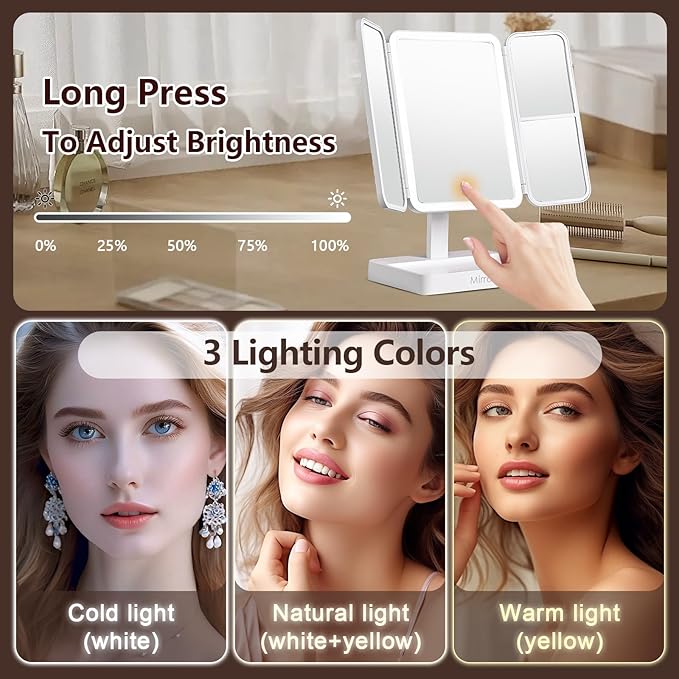 StellarHorizon Makeup Mirror Vanity with Lights, 83 LEDs, 360-Degree Uniform Fill Light, 3-Color Lighting, Touch Control, Trifold Makeup Mirror,Portable Led Travel Mirror，Women Gift