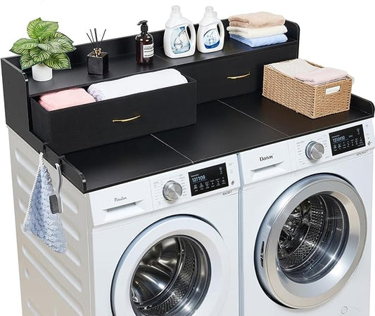 VEVOR 2 Drawers Washer Dryer Countertop with Shelf, 54" x 27" Wooden Laundry Countertop with 2 Hooks & Splicing Panels, Washer and Dryer Topper, Laundry Room Organization and Storage, Black