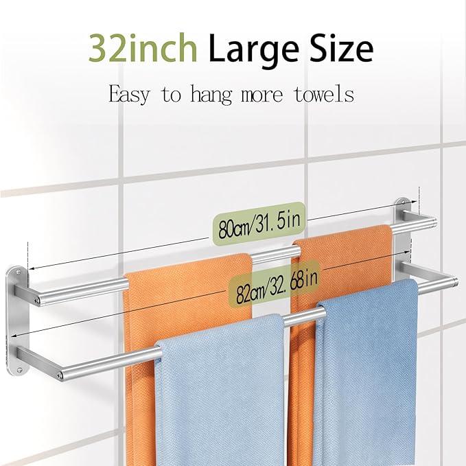 Double Towel Bar 32 Inch, Towel Rack for Bathroom, Wall Mount Bathroom Towel Holder, Stainless Steel Bathroom Towel Rack, Double Towel Hanger Towel Rod(Brushed Nickel)