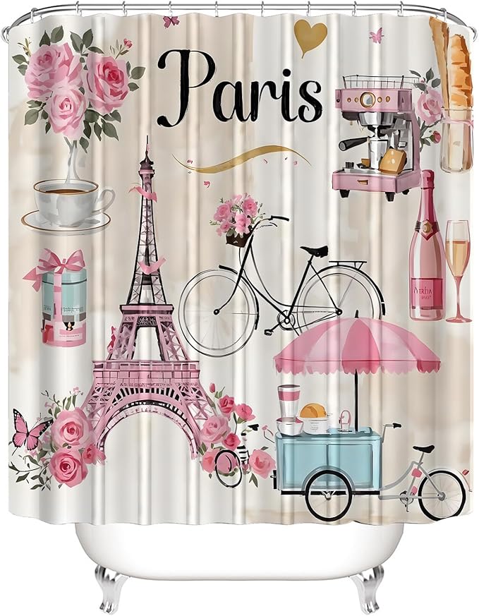 Chrainy 4Pcs Paris Eiffel Tower Shower Curtain Sets Bathroom Set Decor with Non-Slip Rugs Bath U-Shaped Mat Toilet Lid Cover Waterproof Pink Romantic Bathroom Curtains Shower Set with 12 Hooks