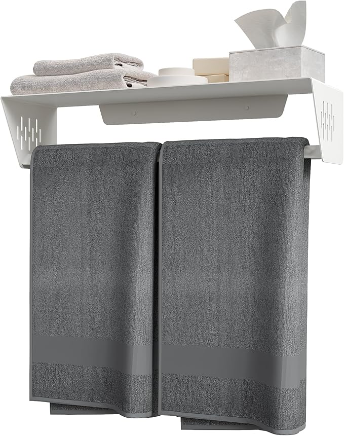 Qeke Bathroom Lavatory Towel Rack, Wall Mount Towel Holder Towel Hanger Shelf with Towel Bar, SUS 304 Stainless Steel Towel Rack for Bathroom and Lavatory, Matte White, 18 Inch