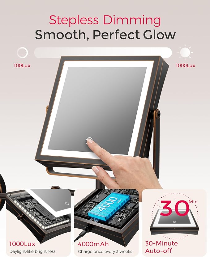 Rechargeable Wall Mounted Makeup Mirror with Lights, 4000mAh Double Sided 1X/10X Magnifying Vanity Mirror with 3 Color Lights, Touch Dimmable, 360° Extension Foldable Arm(Oil Rubbed Bronze