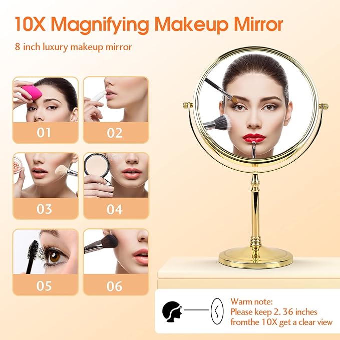 Makeup Mirror 8" Magnifying Mirror 1/10X Magnification, Large Table top Double-Sided Swivel Vanity Mirror Chrome Finish