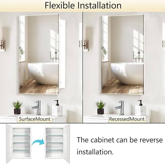 16"x20" Medicine Cabinet,HD Bathroom Mirror Cabinet with Beveled Mirror,Removeable Shelves, Recessed and Surface Mount,Frameless Bathroom Mirror with Storage