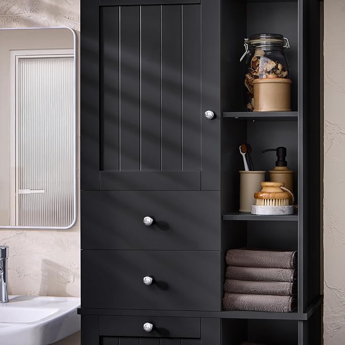 SoBuy Tall Tilt-Out Laundry Hamper Cabinet with Removable Basket and Shelves, Freestanding Laundry Storage Cabinet for Laundry Room or Bathroom, Black BZR104-SCH