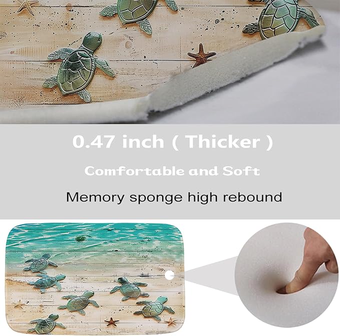 Nautical Tropical Sea Turtle Rustic Wood Plank Beach Bathroom Rugs and Mats Sets 3 Piece, Memory Foam Bath Mat, U-Shaped Contour Shower Mat Non Slip Absorbent, Velvet Washable 20 x 31 inch Green Teal