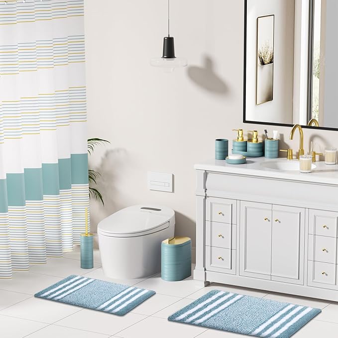 Bathroom Set - Bathroom Sets with Shower Curtain and Rugs, 25PC Bathroom Accessory Set, Light Blue Bathroom Accessories Set with Trash Can, Soap Dispensers
