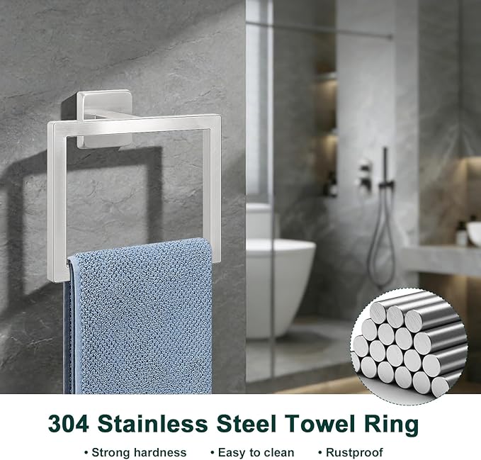 Bath Towel Ring, Square SUS304 Stainless Steel Hand Towel Holder for Bathroom Wall Mounted, Modern Towel Hanger for Bath, Kitchen, Brushed Nickel