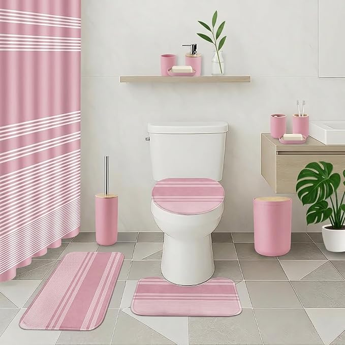 Pink Bathroom Decor and Accessories Set, Striped Shower Curtain and Rug Set with Trash Can, Soap Dispenser, Soap Dish, Toothbrush Holder, Toothbrush Cup, Toilet Brush