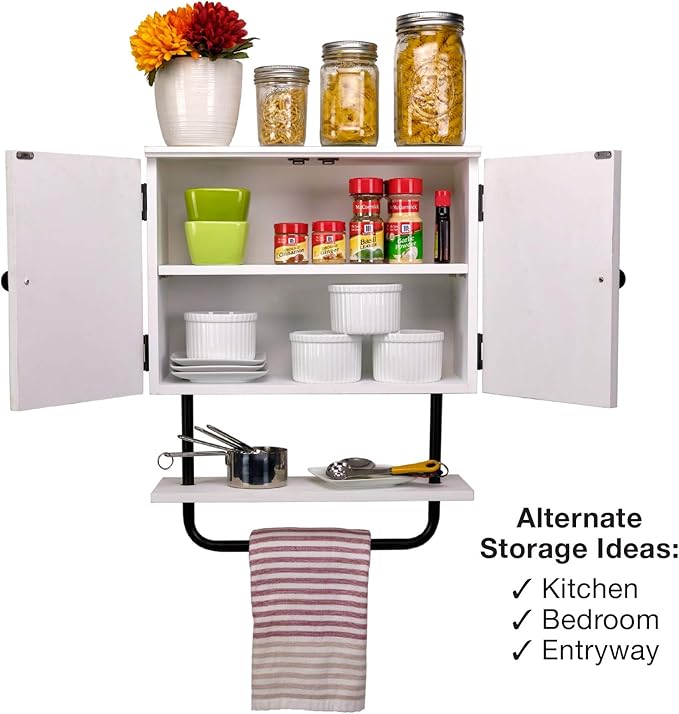 EXCELLO GLOBAL PRODUCTS 17x21” Barndoor Bathroom Wall Cabinet, Space Saver Storage Cabinet Kitchen Medicine Cabinet with Adjustable Shelf and Towel Bar, White