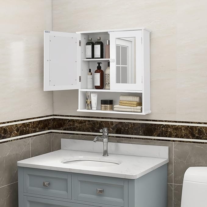 TaoHFE Medicine Cabinet, Medicine Cabinets for Bathroom with Mirror 2 Doors 3 Open Shelf, Bathroom Cabinet Wall Mounted Wooden Storage Over Toilet Laundry Room Kitchen