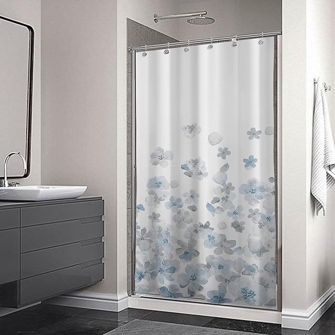Sunlit Design 36 x 72 Inches Blue and Gray Small Stall Shower Curtains RV Half Size Narrow Bathroom Curtains Simple Style Flower Blossoms Bathroom Decor with White Background