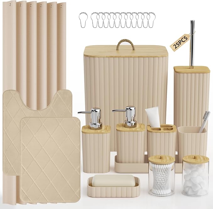 Bathroom Accessory Set - 25PC Bathroom Sets with Shower Curtain and Rugs, Beige Bathroom Set, Bathroom Accessories Set, Shower Curtain Sets with Rugs, Trash Can & Soap Dispenser
