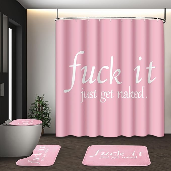 ArtSocket 4PC Pink Funny Get Naked Shower Curtain Sets Bathroom Decor with Rugs, Non-Slip Rug,Toilet Lid Cover, Bath Mat and 12 Hooks 72x72 inches