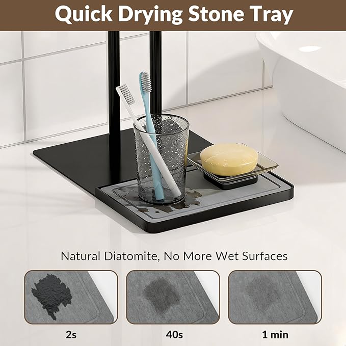 NADAMOO Towel Holder Stand, Adjustable Height 13.8"-24" Freestanding Double Bar Towel Rack with Stone Drying Tray, Wide Weighted Base, Rustproof Black Metal, for Bathroom, Kitchen Countertop