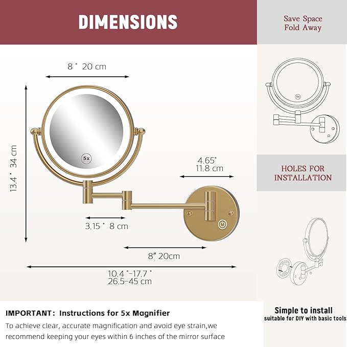 Upgraded Wall Mounted Makeup Mirror with Lights, 8" Double Sided 1/5X Magnifying Vanity Mirror for Bathroom, 3 Color 1800Lux Ultra-Bright, Touch Dimmable, Hardwired, Brushed Moderne Brass