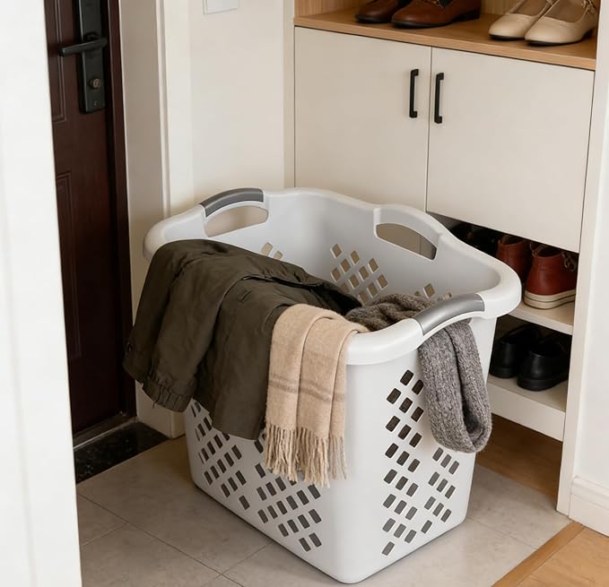 2-Pack 2 Bushel Ultra Portable Plastic Laundry Basket With Silver Handle, Suitable For Dirty Laundry Basket Boxes In Homes And Apartments, White