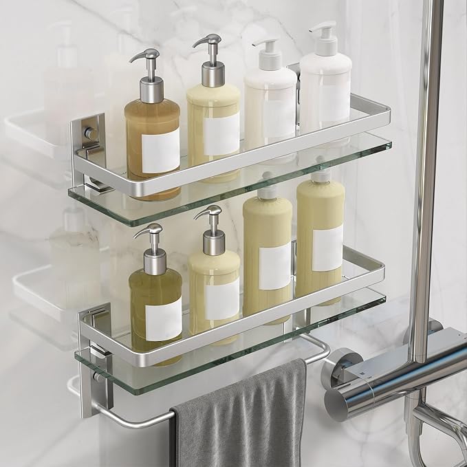 Danpoo Bathroom Shelves Wall Mounted, Clear Tempered Glass Shelf with Towel Bar, Hand Towel Holder(Matte Silver)