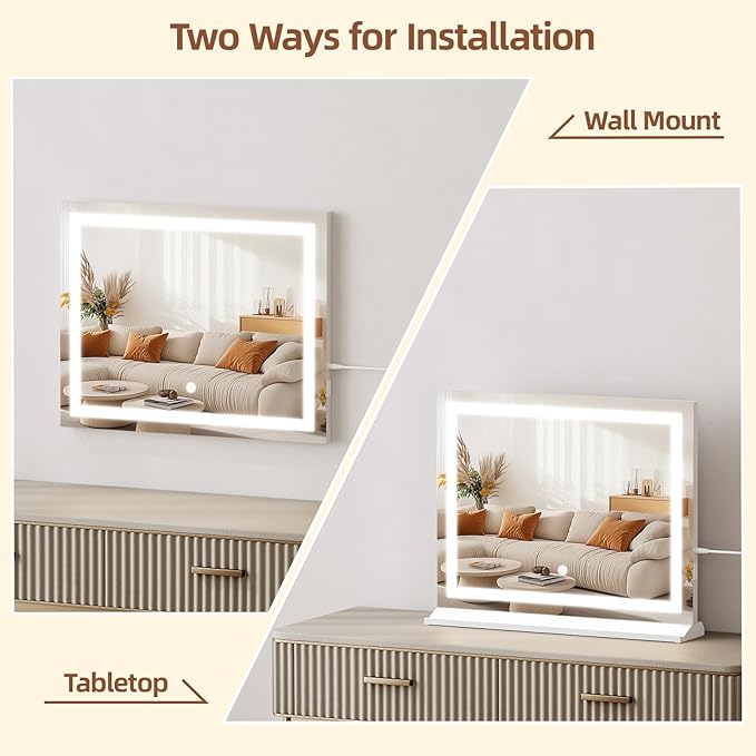 Memobarco Vanity Mirror with Lights, 23"x 18" Makeup Mirror with 3 Color Modes 5X Magnification & USB/Type-C Charging Port, Large LED Mirror for Bedroom Tabletop & Wall Mounted