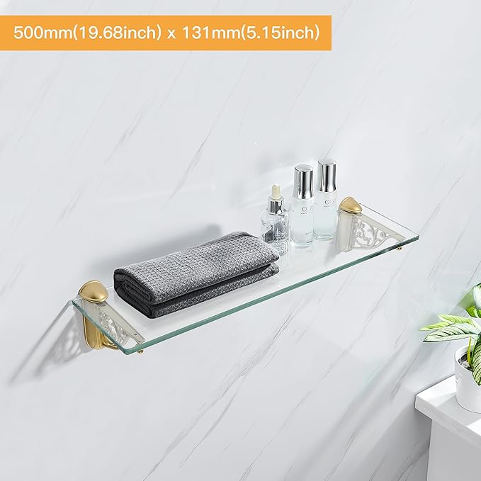 khtumeware 20 Inches Glass Shelves for Bathroom, Brushed Gold Floating Glass Shelf Zinc Tempered Glass Bathroom Shelves for Wall Mount Modern