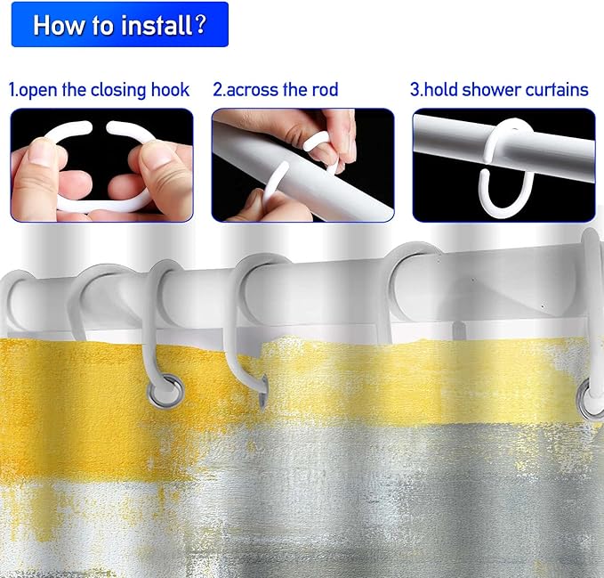 Lnond 4Pcs Yllow Bathroom Shower Curtain Sets with Rugs, Yellow Grey Abstract Painting Bathroom Sets with Shower Curtain and Rugs and Accessories
