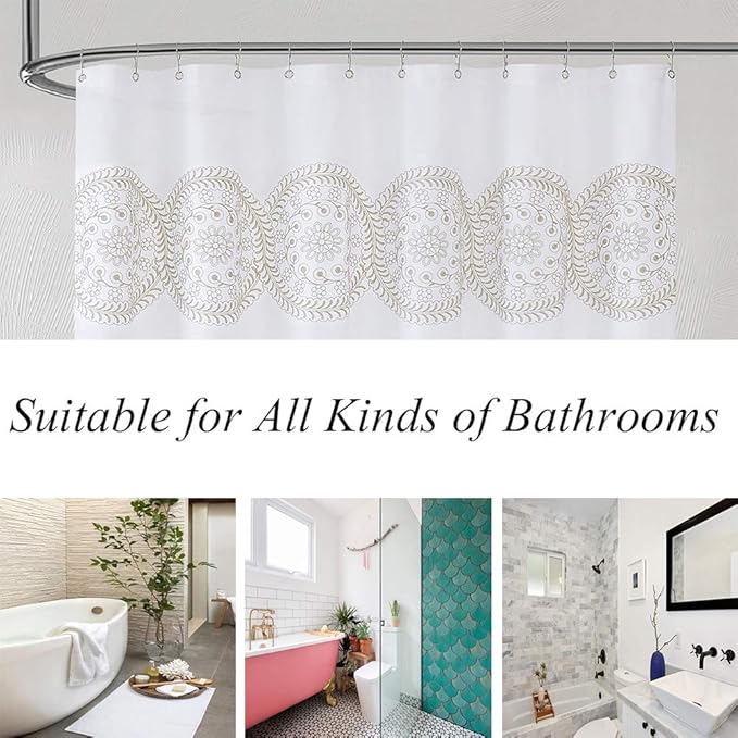 Jubilantex Tan and White Embroidered Shower Curtain for Bathroom, Farmhouse Boho Floral Fabric White and Beige/Ivory/Taupe/Cream Decorative Waterproof Rustic Bath Curtain for Spa Hotel, 70x72 Inches